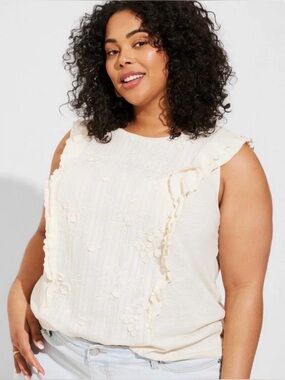 Torrid Cotton Slub Woven Embroidery Front Crew Neck Ruffle Sleeve Top Size 4X